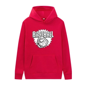 Detail view of red baseball print hoodie with ribbed cuffs and kangaroo pocket