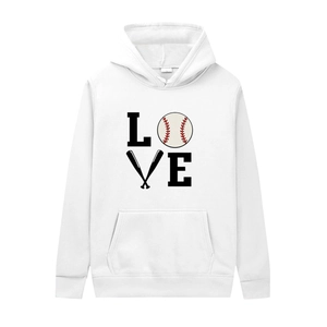Detailed view of white baseball themed LOVE print with bats on casual hoodie chest