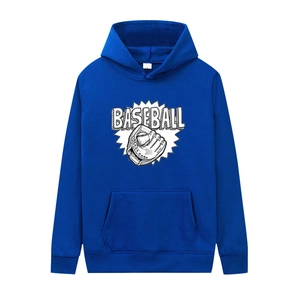 Close-up of baseball glove print on navy hoodie with kangaroo pocket and drawstrings