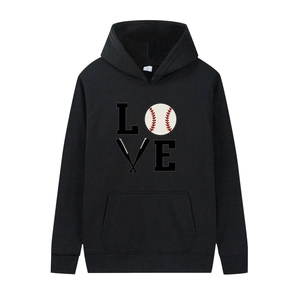 Detail of baseball-themed LOVE graphic and front pocket on black drawstring hoodie