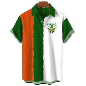 Dettaglio della camicia di San Patrizio con tricolore irlandese e stampa Leprechaun