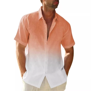 Camicia da uomo a maniche corte con sfumatura arancione e bianca in stile lino