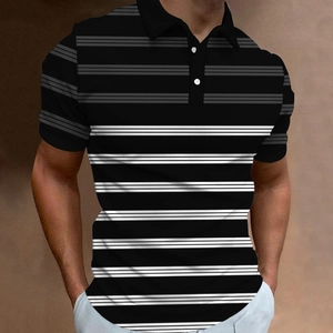 Detailed view of the striped polo shirt collar, buttons, and high-quality fabric texture
