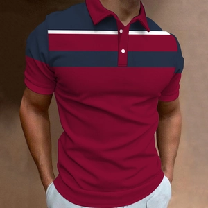 Detailed view of men's polo shirt with burgundy knit fabric and navy striped collar