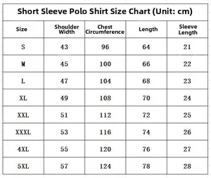 Detailed size chart for men's short-sleeved polo shirt with measurements from S to 5XL