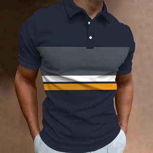 Detail of color-block striped polo shirt with buttons and sharp lapel collar