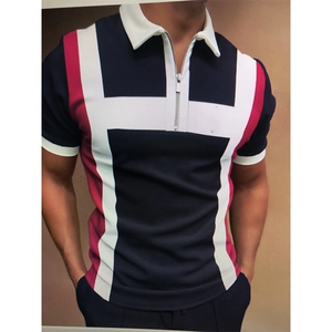 Men's slim fit short sleeve polo shirt with geometric blue burgundy color block design