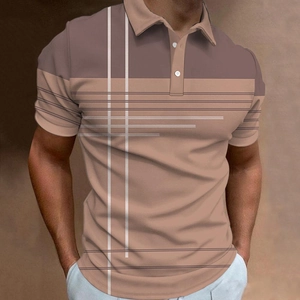 Close-up of men's polo shirt featuring brown geometric stitching and white line detail