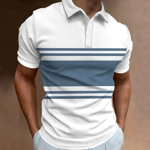 Close-up of white men's polo shirt with blue horizontal stripes and classic three-button collar