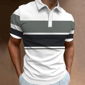 Detail of men's white short-sleeve Polo shirt with dark grey striped sleeves and collar