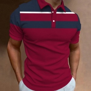 Men's burgundy polo shirt with navy and white chest stripes and classic lapel collar