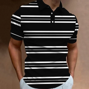 Men's short sleeve polo shirt with classic black and white stripes and collar