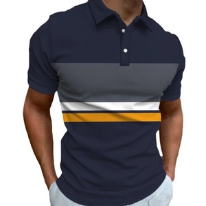 Men's short sleeve polo shirt with navy, grey and orange striped color block pattern