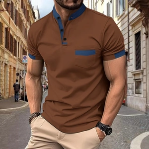 Polo da Uomo Casual a Manica Corta Patchwork a Contrasto Collo Henley Traspirante Top Estivo Moda Urbana Abbigliamento Uomo