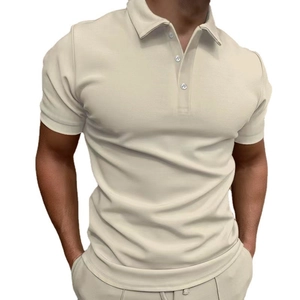 Classic beige short-sleeve polo shirt for men with three buttons and ribbed cuffs