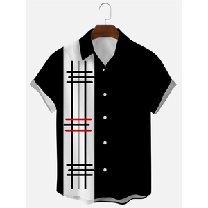 Chemise homme à manches courtes noire avec rayure verticale à motif écossais