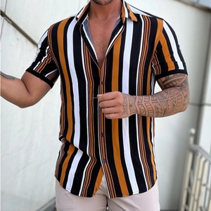 Men's vertical striped short sleeve button-down shirt in orange, black and white