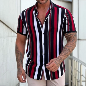 Men Casual Vertical Striped Short Sleeve Shirt Loose Fit Lapel Button Down Streetwear Lightweight Top