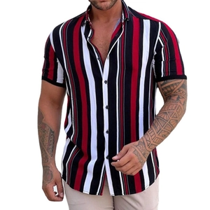 Men's casual vertical striped short sleeve shirt in red, black, and white colors