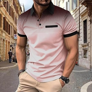 Close-up of men's polo shirt featuring brown gradient fabric and black polka dot pattern