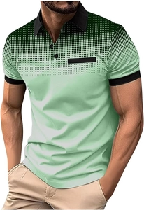 Close-up of green gradient polo shirt featuring black polka dot matrix and ribbed collar