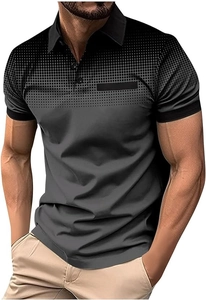 Detail of men's slim fit polo shirt featuring black and grey gradient with dot pattern