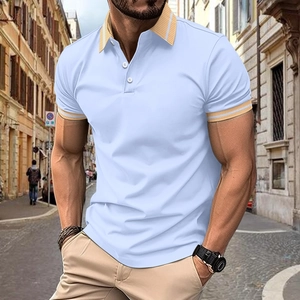 Detail of light blue short sleeve polo shirt with striped collar and white buttons