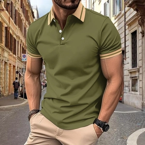 Detail of olive green polo shirt featuring contrast striped collar and button placket