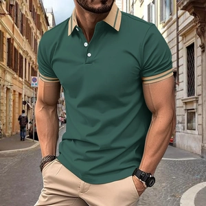 Men's dark green short-sleeved polo shirt with khaki stripe details and three buttons