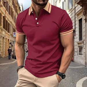 Slim fit burgundy men's polo shirt with yellow contrast stripes on collar and sleeves
