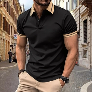 Detail of slim fit black Polo shirt featuring khaki striped collar and ribbed cuffs