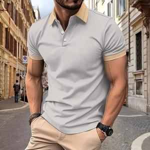Men's light grey slim fit polo shirt with orange striped collar and three-button placket