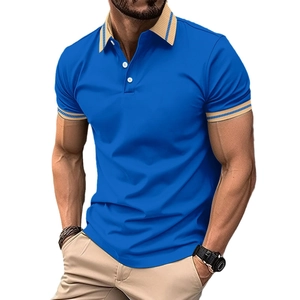 Men's slim fit polo shirt in royal blue with khaki contrast striped collar and cuffs