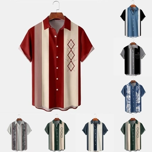 Men Vintage Striped Argyle Color Block Short Sleeve Shirt Casual Lapel Streetwear Bowling Shirt Summer Vacation Button Top
