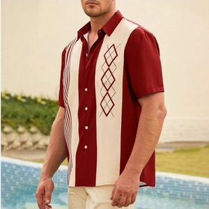 Close-up of summer men's striped polo shirt with vintage burgundy and beige color blocking