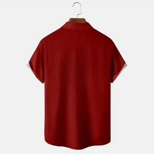 Macro shot of the back view of a men's burgundy striped shirt on a wooden hanger