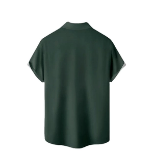 Detail view of the dark green short sleeve shirt back with polo collar and smooth fabric