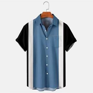 Detail of color-block striped shirt showing lapel collar and chest pocket craftsmanship