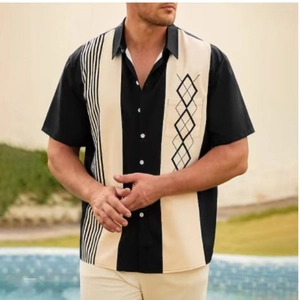 Detailed view of men's vintage striped color block shirt with argyle pattern on pocket