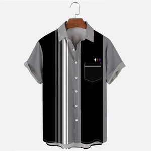 Detail view of men's color-block striped shirt with a functional front chest pocket
