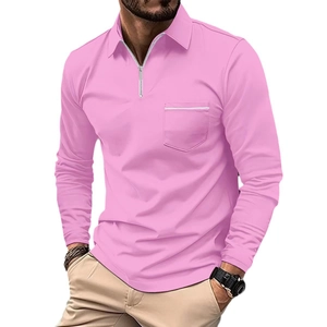 Men's slim fit long sleeve Polo shirt with zipper collar and chest pocket in bright pink