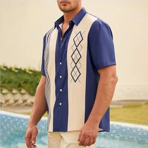 Close-up of color-block striped shirt featuring a geometric pattern and white buttons