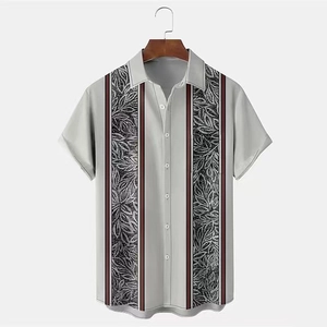 Detailed macro shot of striped leaf pattern on a grey casual short-sleeve men shirt