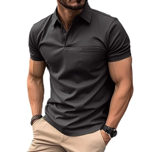 Men's dark grey short sleeve polo shirt with chest pocket and classic buttoned collar