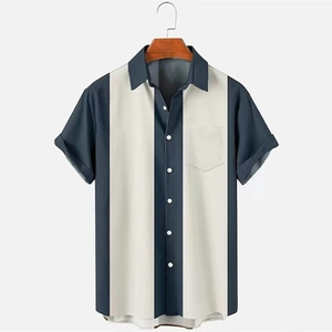 Men's retro striped short sleeve polo shirt in navy and beige with chest pocket