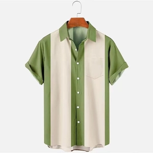 Detailed view of striped short sleeve shirt with lapel collar and chest pocket