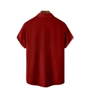 Back view of men's casual short sleeve shirt in burgundy with striped color block design