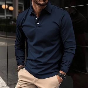 Men's Long Sleeve Polo Shirt Polyester Solid Color Casual Smart Business Lapel Collar Button Sport Polo For Men