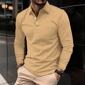 Detail of classic long-sleeved polo shirt with three-button placket in camel color