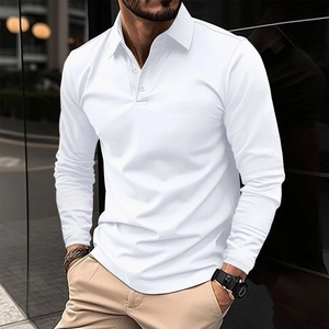 Detailed view of long-sleeve white polo shirt with classic collar and ribbed cuffs
